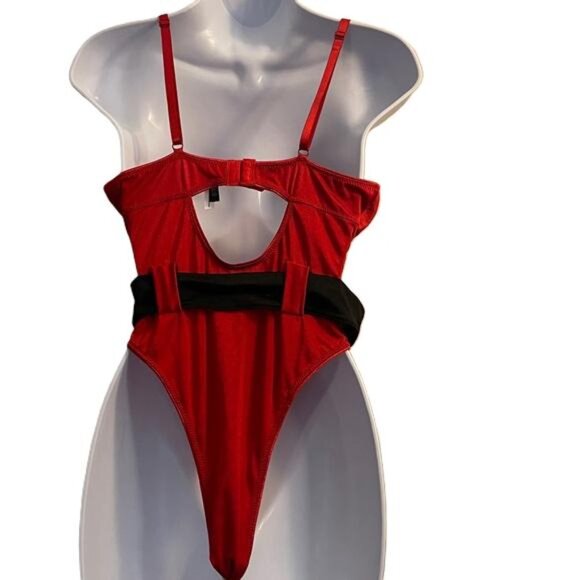 Chantal Cheri Red Santa Bodysuit Teddy Lingerie Set Belt Fur Trim, Small - Picture 4 of 5